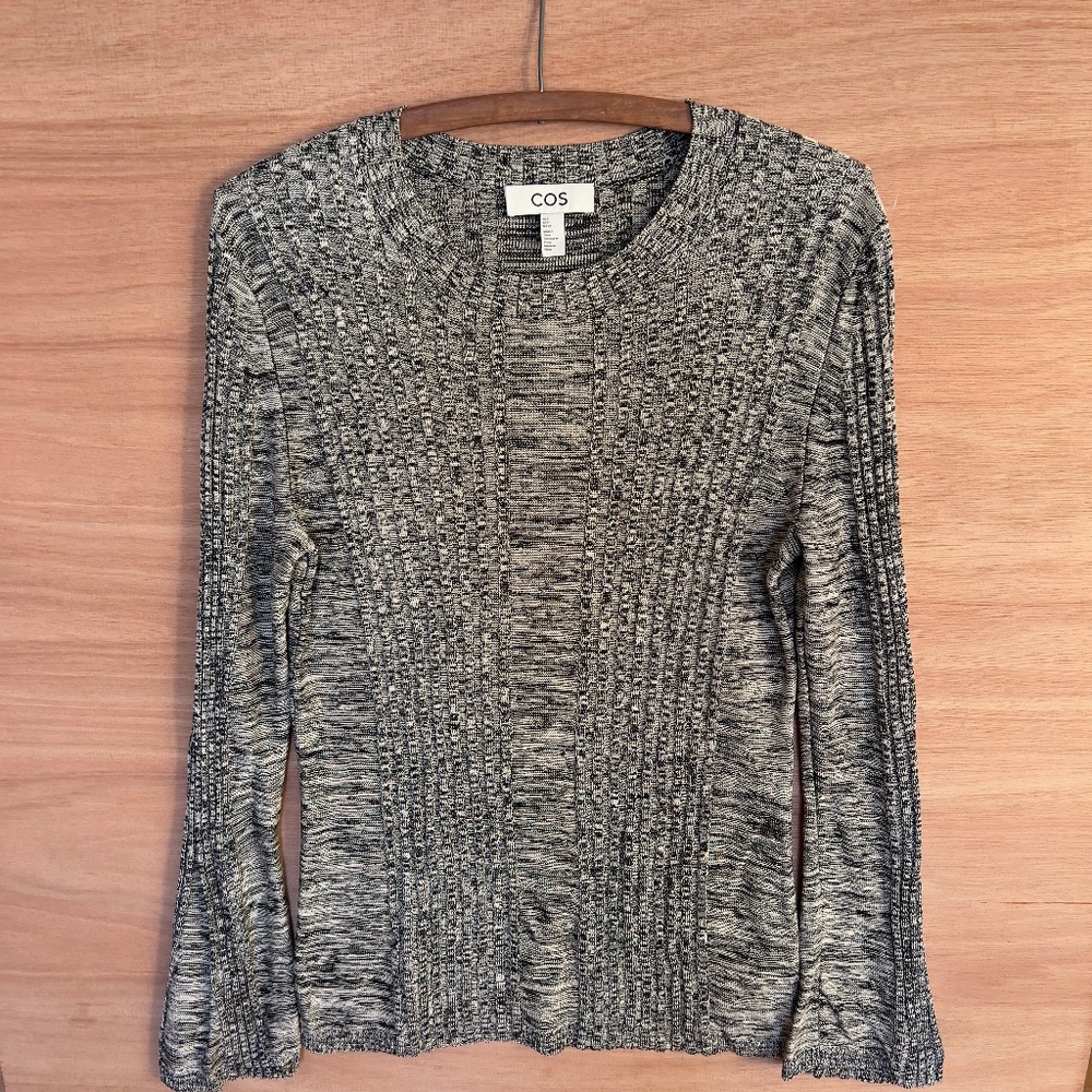 COS women's gray knit sweater small semi sheer bell sleeves long marbled viscose
